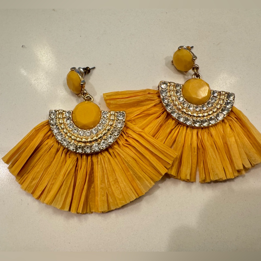 Yellow Fan-Shaped Earrings with Crystal Accents